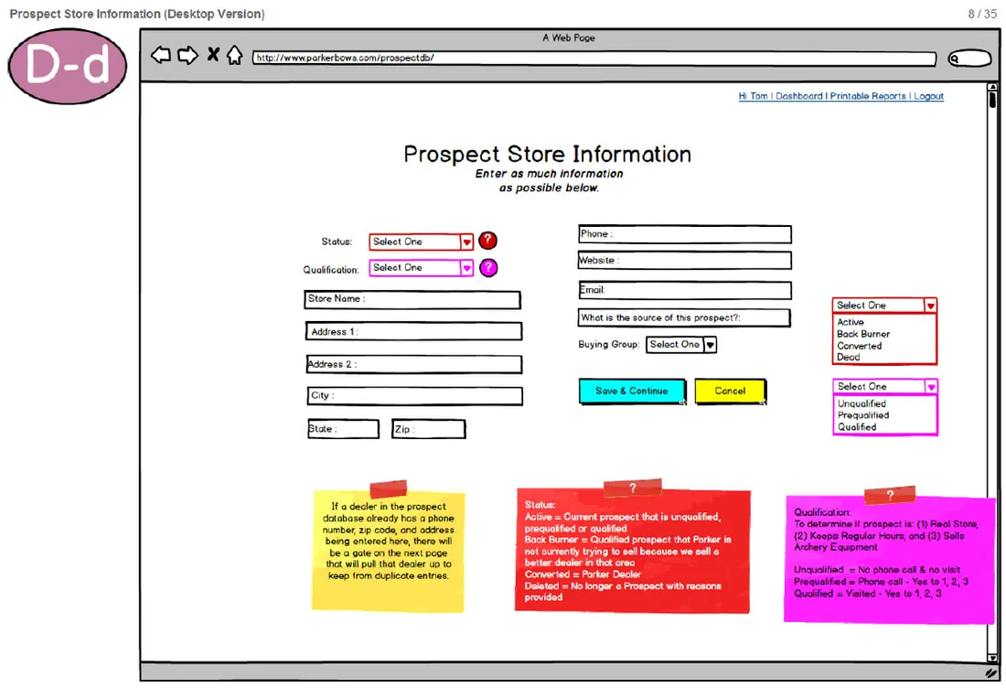 Prospect database wireframe
